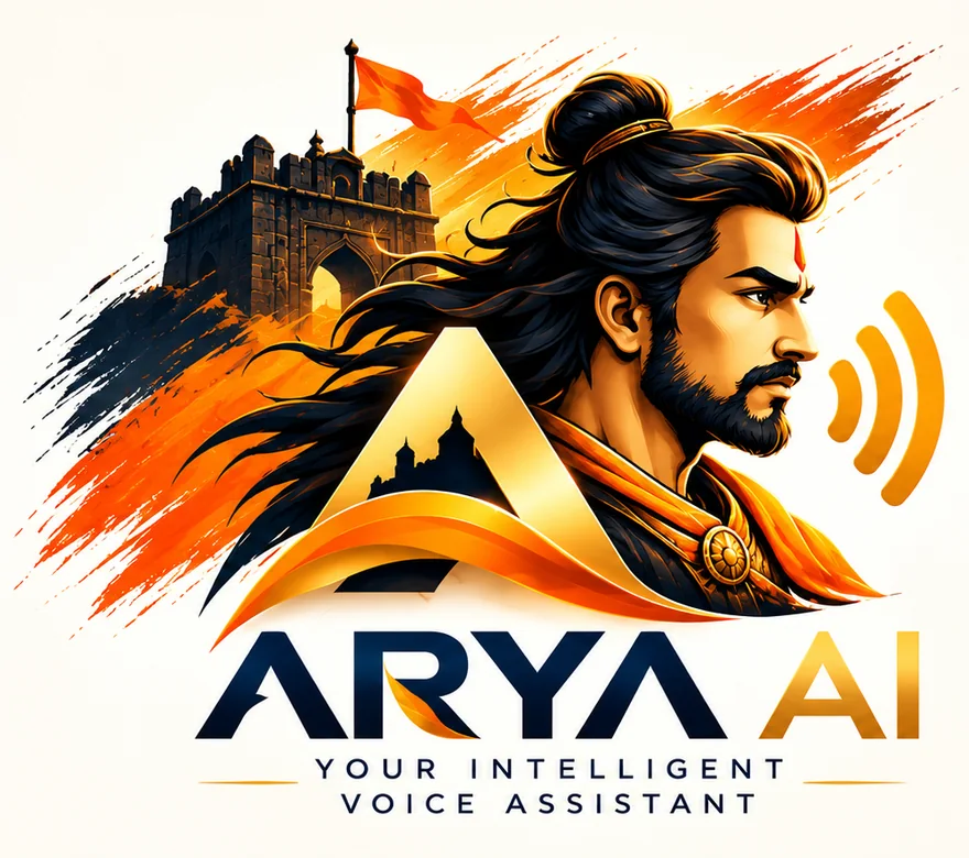 Arya AI logo: a warrior beside a fort in navy, saffron and gold, with sound waves rising from the letter A